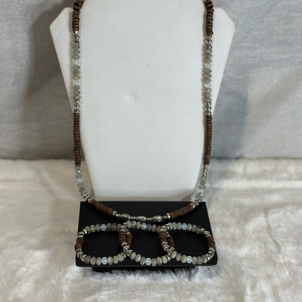 Wood and Silver Textured Beaded Necklace and Bracelets Set